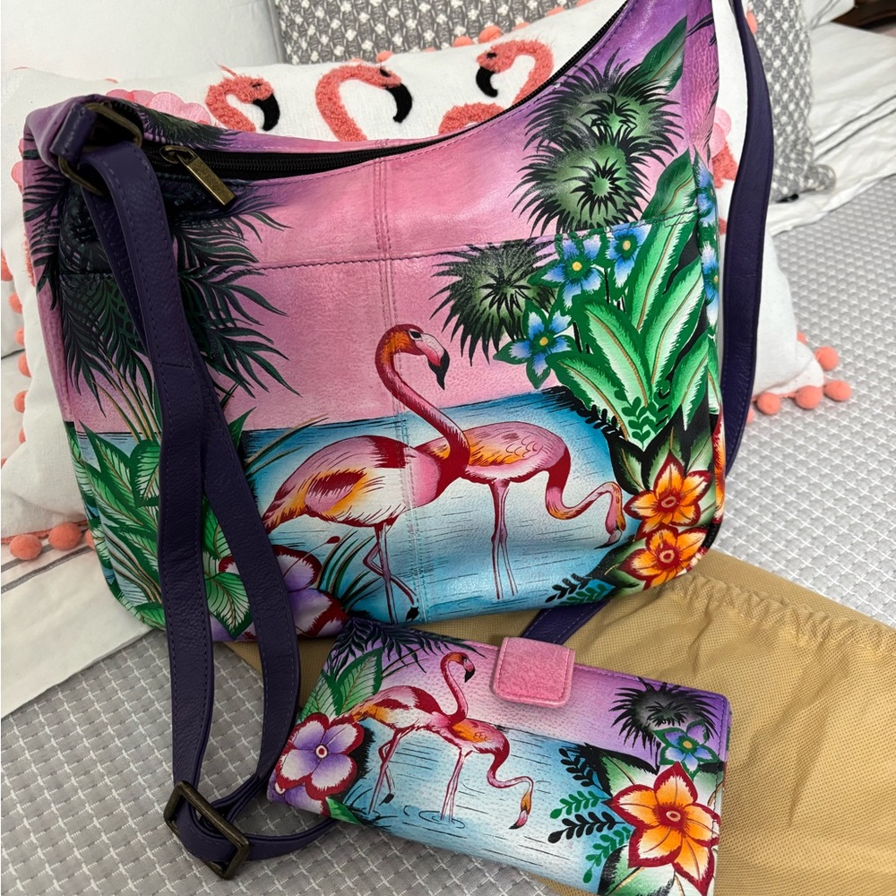 PRICE IS FIRM Anna by Anuschka Tropical Flamingo Bag w/Matching Wallet EUC